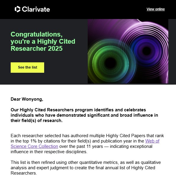 Prof. Wonyong Choi  selected as a Highly Cited Researcher 2025